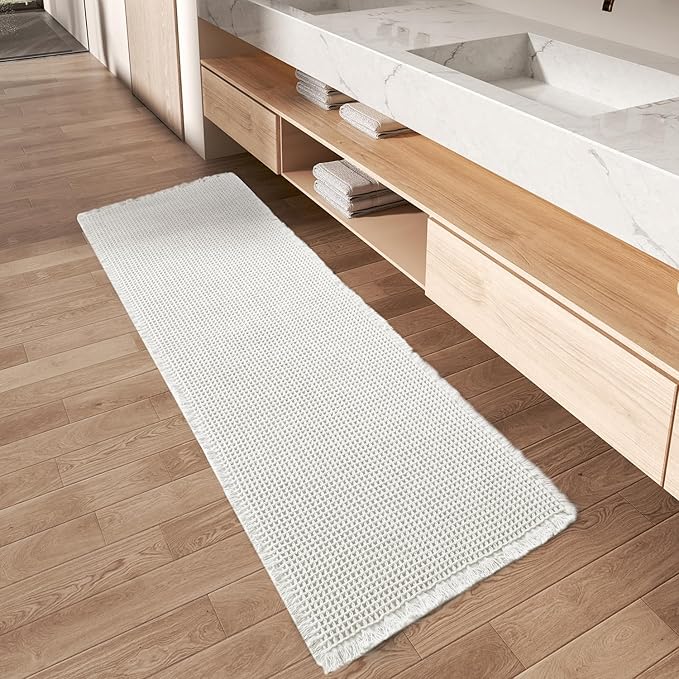 AMOAMI Waffle Runner Rug Super Absorbent Non Slip Bath Mats for Bathroom Floor, Machine Washable Boho Bathroom Runner Rug with Tassels, Ideal for Hallway Bedroom Laundry Room, 2' x 5'