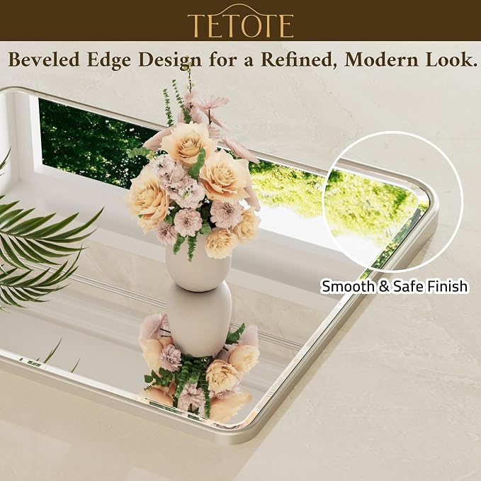 Brushed Nickel Mirrors for Wall 30 x 36 Beveled Edge Tempered Glass, Rounded Corner Rectangle Framed Mirror for Modern Bathroom, Living Room, Bedroom, Entryway