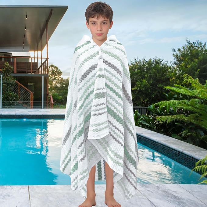 VOOVA & MOVAS Big Kids Hooded Bath Towel,6-12 Years,100% Cotton | 64X33 Inch,Green Brown Stripe,Thick,Soft, Absorbent, Quick-Drying, Beach/Pool/Swim Essentials
