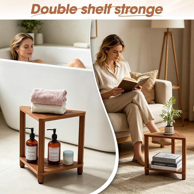 Corner Shower Stool with Storage Shelf, HDPS Waterproof Shower Foot Rest for Shaving Legs, 2-Tier Triangle Bathroom Stool for Inside Shower, Non-Slip Small Shower Bench, Teak Color