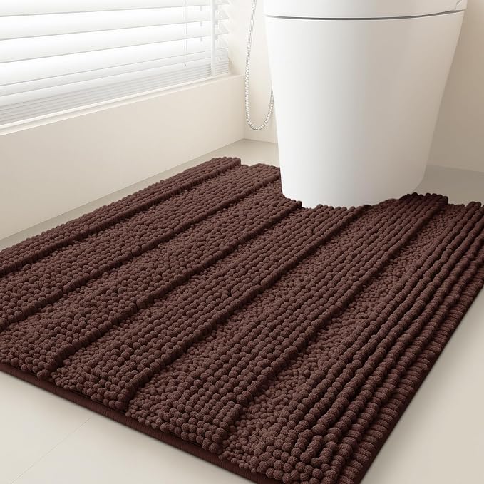 Striped Brown Toilet Bathroom Rug Mat 24" x 20" Contour Rug Ultra Soft, Non Slip Chenille Bath Rugs, Absorbent Plush Shaggy Bath Mats for Bathroom, Bedroom, Kitchen, Shower, Tub