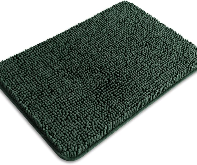 Dark Green Bathroom Rugs – Absorbent and Washable Bath Mat, Non-Slip, Thick Soft Chenille Bath Rugs for Bathroom Floor, Shower, Sink - 17" x 24"