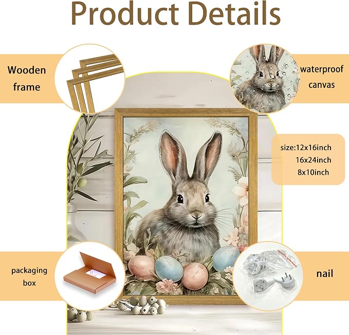 Easter Bunny Wall Art, Vintage Rabbit Canvas Wall Decor, Easter Eggs Poster Print Picture, Spring Farmhouse Animal Painting for Living Room Bedroom Kitchen Holiday Home Decor 12x16 Inch Wood Framed