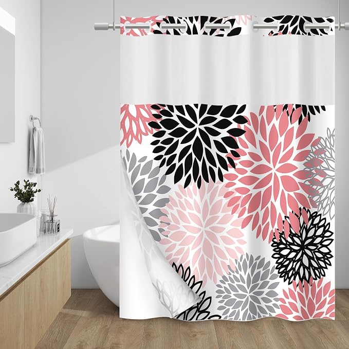 No Hook Floral Shower Curtain with Liner, Pink Grey, 71x74 | Snap in Liner, 3 in 1, Water Repellent, Easy Install, Machine Washable, Hotel Style for Bathroom, Watercolor Pattern