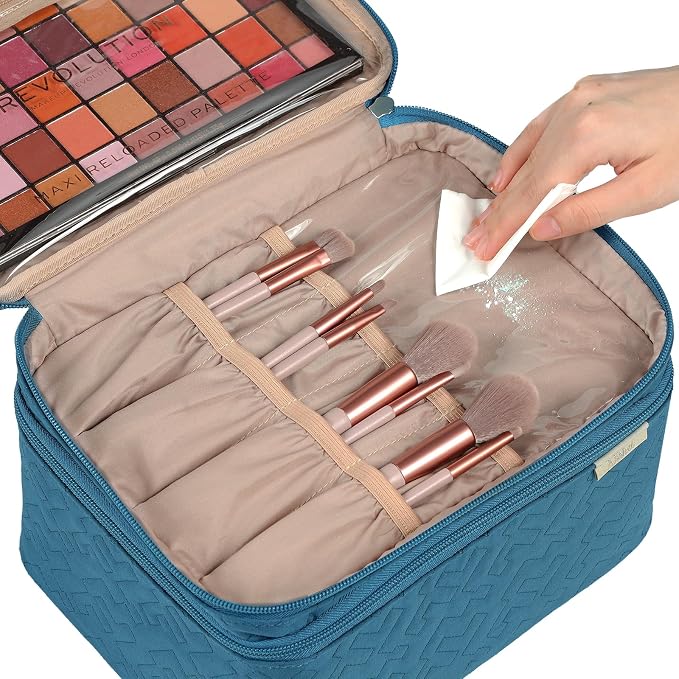 NISHEL Large Makeup Bag Organizer, Double Layer Cosmetic Travel Case | Organizer for brushes, bottles, makeup and skin care products, ideal for trips and daily use, Lake-Blue, Large
