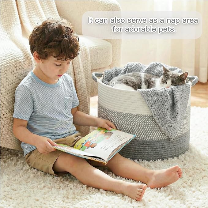 Artfeel 100L Large Cotton Rope Basket, Decorative Woven Blanket Storage for Living Room, Boho Toy Storage & Toy Box for Kids, Versatile Laundry Basket & Nursery Hamper for Blankets(Grey)
