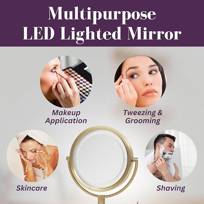 JERDON Hardwired Wall-Mount Makeup Mirror - 8X/1X - Gold - HL88BGLD | 8.5" Round Frame, 13.5" Wall Arm, LED Lighting, Direct Wire Installation