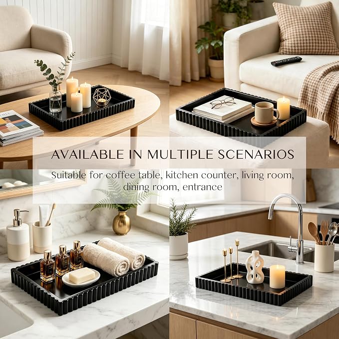 Decorative Tray for Coffee Table Decor, 14" x 10" Rectangular Wooden Coffee Table Tray, Modern Decorative Trays for Home Decor, Living Room, Entry, Dining Room (Black)