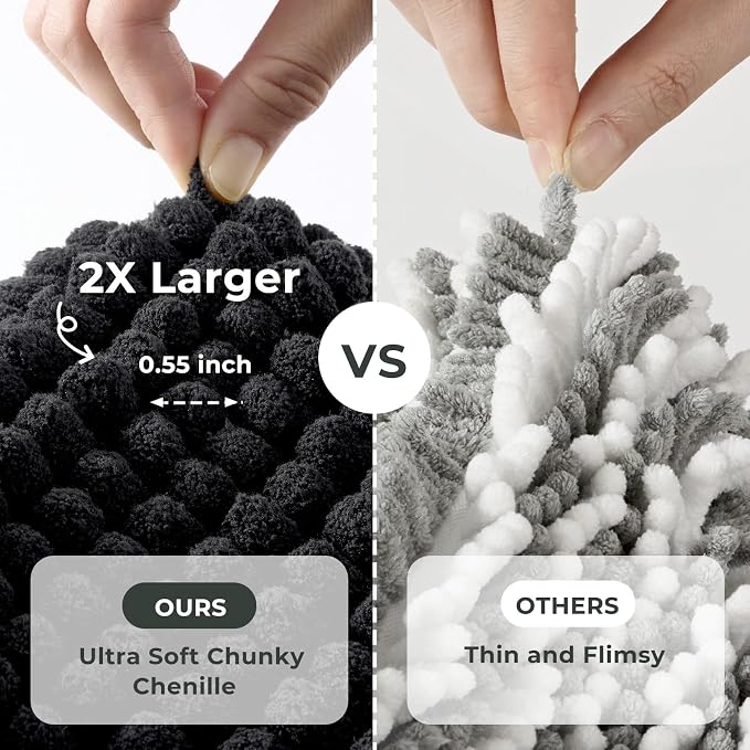 FRESHMINT Thick Chunky Chenille Bathroom Rug, Black, 17"x24" | Non-Slip Backing, Water Absorbent Surface, Machine Washable Care, Cushioned Comfort, Bathroom Floor Use