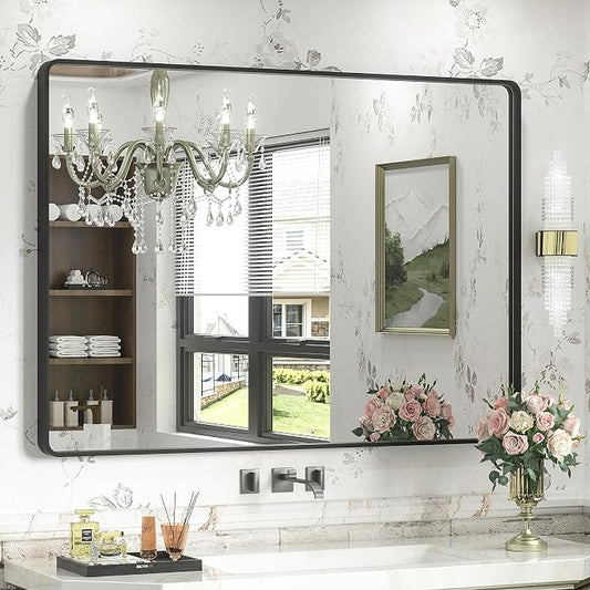 44x32 Inch Black Metal Framed Bathrrom Mirror for Wall | Rounded Rectangle, Matte Black Bathroom Vanity Mirror, Anti-Rust, Tempered Glass, Hangs Horizontally or Vertically