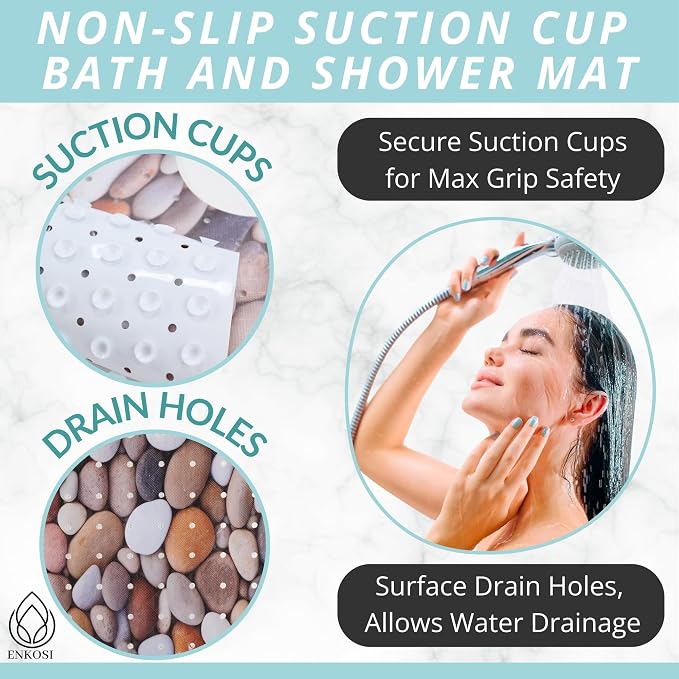 ENKOSI Non-Slip Bath & Shower Mat 40x16 Extra Long, Suction & Drain Holes | Pebble Stone spa look; Durable PVC; 40x16 in, Pebble Stone