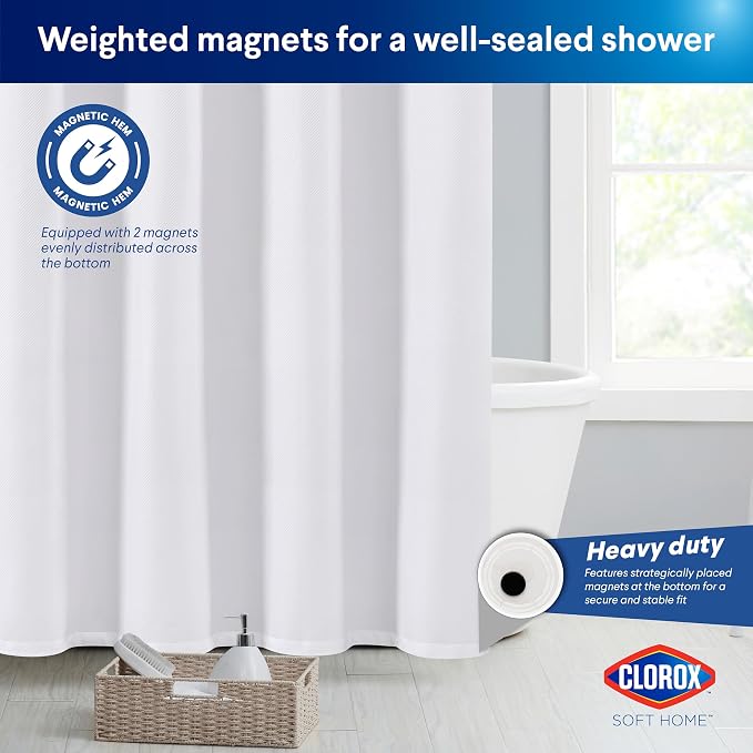 Clorox 2-in-1 Bathroom Shower Curtain Liner, Durable Fabric, Weighted Magnets for Bath Water Control, Washable Premium Quality, Extra Long, Modern - 72" x 78" White