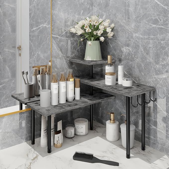 Kitchen Countertop Organizer, 3 Tier Corner Shelf Bathroom Counter Organizer, Wooden Counter Shelf Stand Space Saver, Easy Assembly, Rustic Grey