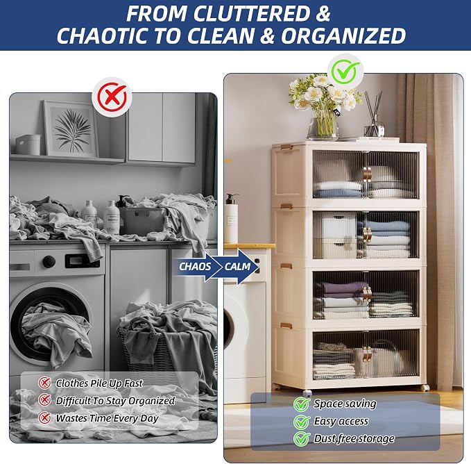 SAILUN 464Qt Stackable Storage Bins,Storage Cabinet a Lid,4Pack Blush White | Stackable Storage Drawers with Lids,26" W x 17" D x 56.7" H,Featuring open-front Access for Clothes and Closet Storage