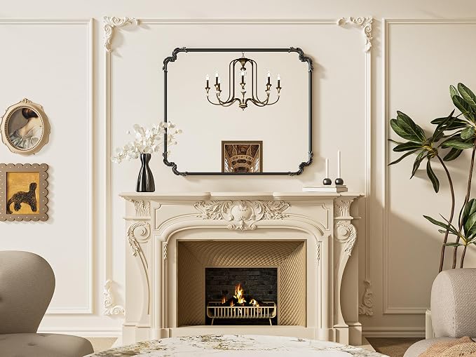 Baroque Antique Black Scroll Wall Mirror 42 x 36 Vintage Rectangle Framed Baroque French Rectangular Mirror for Mantle Fireplace Bathroom Living Room, Horizontal/Vertical