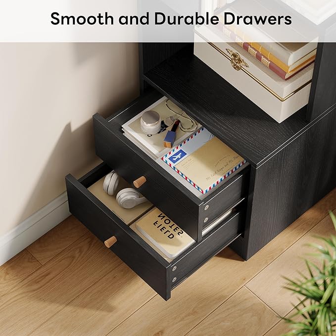 IRONCK Corner Bookshelf, 70.87" Tall Corner Bookcase with Drawers, Black | 90° design saves space. 110 lb capacity. Corner Shelf Storage Display Rack for Living Room Home Office