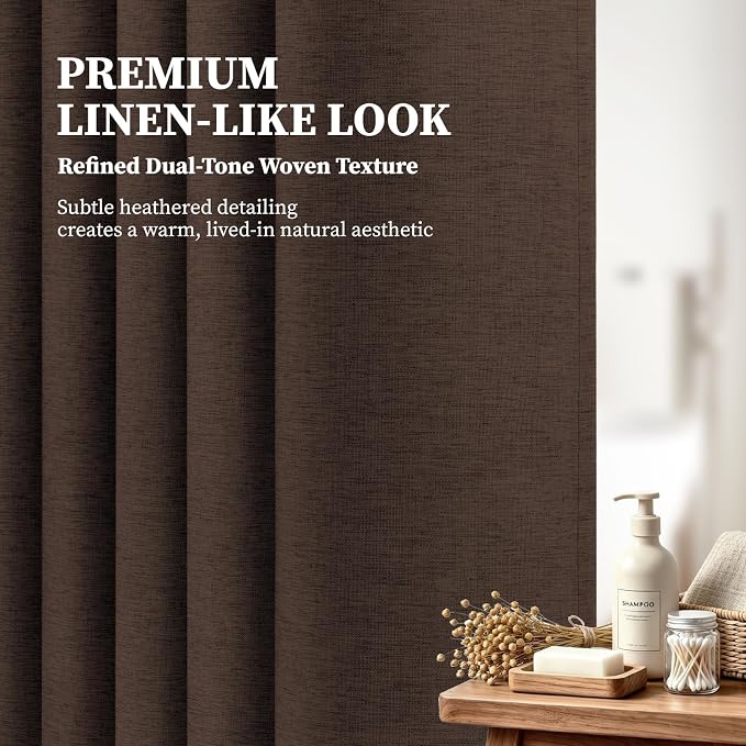 84x72 Wide Linen Textured Waterproof Thick Cloth Shower Curtain, Brown | Wide Size, 230GSM Polyester, Heavy Duty Fabric, Weighted Hem, 14 Plastic Hooks, Modern Luxury Hotel Style, Machine Washable