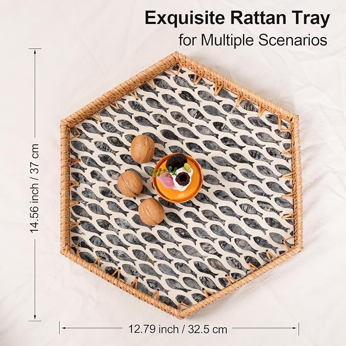 Hexagon Rattan Tray with Mother of Pearl Inlay, Rattan Serving Tray for Coffee, Bread, Fruits, Snacks, Decorative Wicker Tray for Table Decor, Home Decor (Black Fish, 14.5"×12.8")