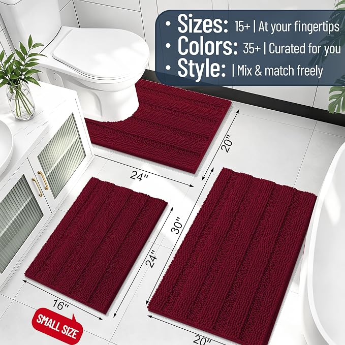 Smiry Thick Chenille Toilet Rugs U-Shaped 24x20, Soft Bath Mat, Burgundy | Absorbent Striped Contour Bathroom Rugs, Machine Washable, Dry Quickly, Non‑Slip, Modern Home Decor Accessories