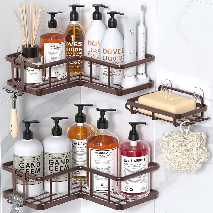 Corner Shower Caddy Adhesive, 100% Rustproof Shower Organizer with Soap Holder, No Drill Shower Shelf for Inside Shower, Wall-Mounted Shower Storage for Homes (3 Pack, Bronze)