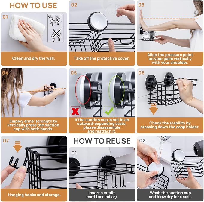 Shower Caddy Suction Cup, 3 Pack Heavy Duty Bathroom Organizer | Black bathroom Holder, Shower Caddy with Hooks & Soap holder, Removable Shower Storage