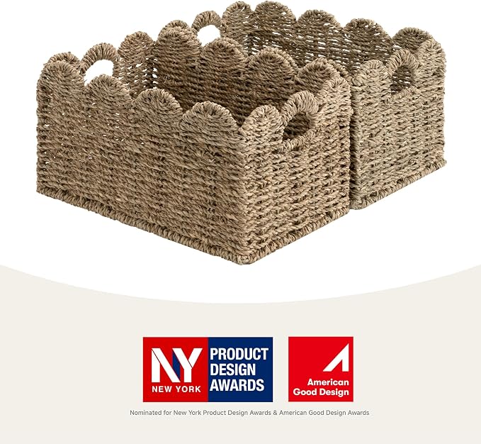 StorageWorks Wicker Storage Baskets for Shelves, Woven Basket for Nursery | Scalloped Wicker Basket for Living Room, Decorative Scalloped Baskets for Storage, Wicker Baskets for Organizing and Decor
