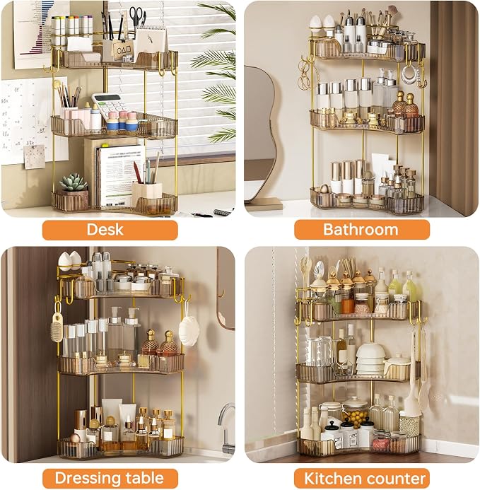 3-Tier Corner Bathroom Counter Organizer，Makeup & Skincare Shelf with Built-in Brush Holder，Space-Saving Bathroom Countertop Organizer for Skincare, Perfume, Cosmetics(Amber)