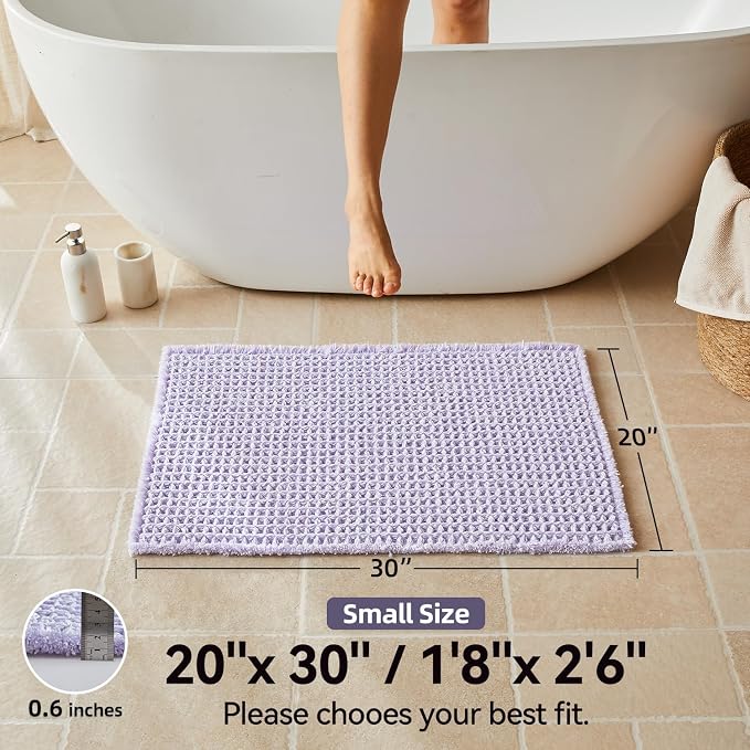 Triohero Waffle Bath Mat, Boho Bathroom Rugs Non Slip Washable, Ultra Soft Super Absorbent Quick Dry Farmhouse Bathroom Decor, 20" x 30", Lavender Cream