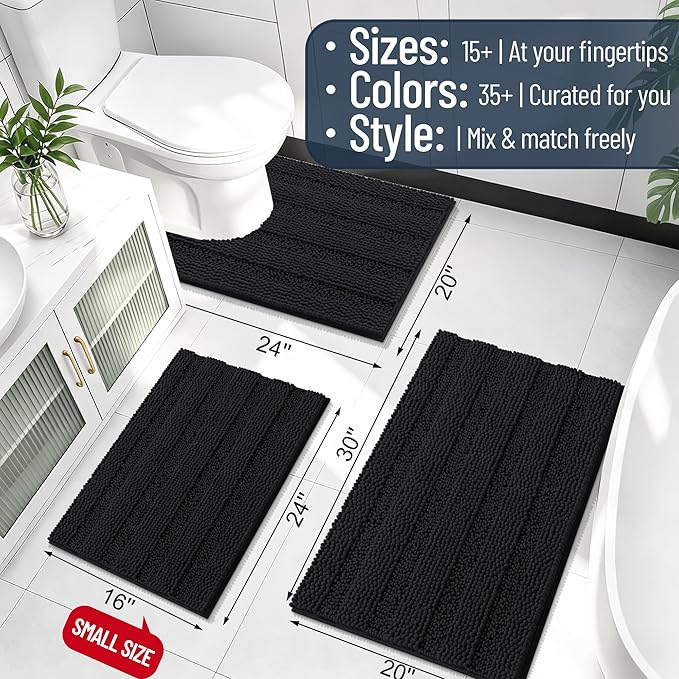 Smiry Thick Chenille Bathroom Rugs 36x24, Soft Absorbent Bath Mat, Black | Quick‑Dry & Machine Washable, Non‑Slip Bath Carpet, Striped Bath Rugs for Tub & Shower, Modern Home Decor Accessories