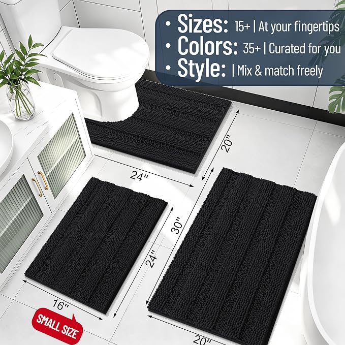 Smiry Thick Chenille Large Bathroom Runner Rugs 45x27, Soft Bath Mat, Black | Quick‑Dry & Machine Washable, Non‑Slip Bath Carpet, Striped Bath Rugs for Tub & Shower, Modern Home Decor Accessories