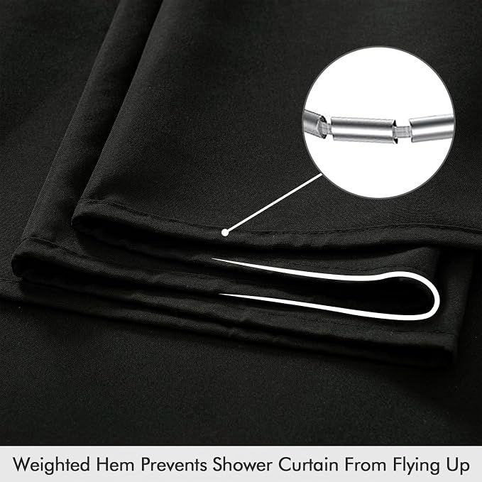 ANRODUO Black Linen Textured Fabric Shower Curtain Set - W72xL84 | Farmhouse Shower Curtain with 12 Metal Hooks, Waterproof Heavy Duty, Button Hole Design, Machine Washable for Bathroom