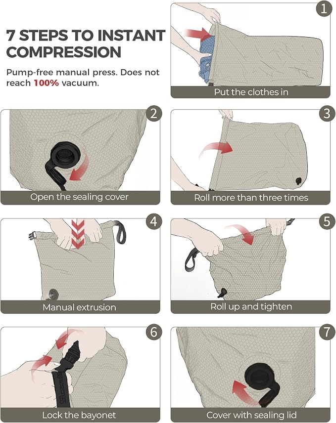Travel Laundry Bag, Pump-Free Vacuum Compression Dirty Clothes Bag, Medium Reusable Waterproof & Washable Laundry Bag, Wet and Dry Bag, Ideal for Suitcases, Laundromats (1 Pack) Gray