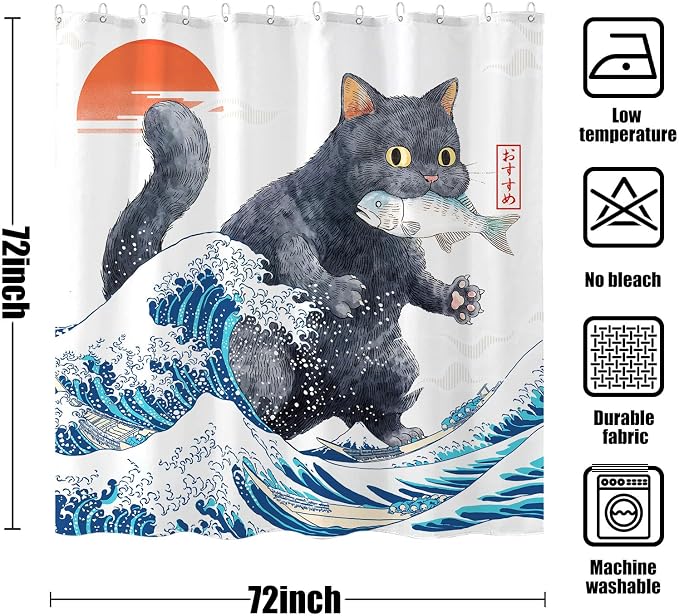 Accnicc Funny Black Cat Eating Fish Shower Curtain for Bathroom 72X72 Inch | Fun Cool Cat Shower Curtains, Japanese Ocean Wave Kids Bath Curtain Decor, Water-Resistant Washable Polyester Fabric