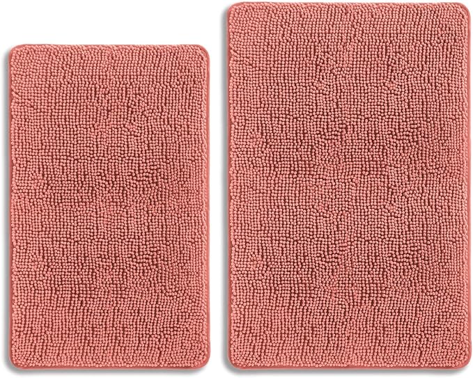 Coral Bathroom Rugs Sets 2 Piece – Absorbent and Washable Bath Mat, Non-Slip, Thick Soft Chenille Bath Rugs for Bathroom, Shower, Sink - 20" x 32"+24" x 36"