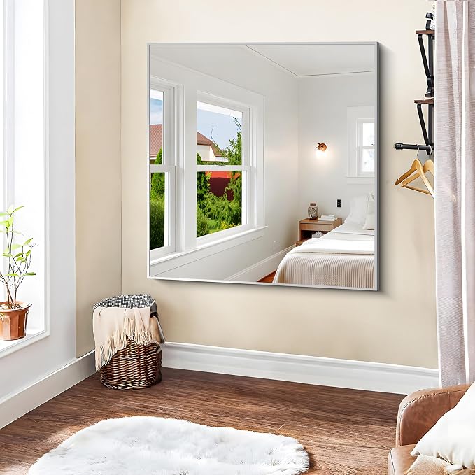 KOCUUY Silver Mirror, 42"x42" Square Bathroom Mirror for Wall, HD Tempered Glass, Anti-Rust Frame, Modern Design for Bathroom, Bedroom, Living Room, Entryway
