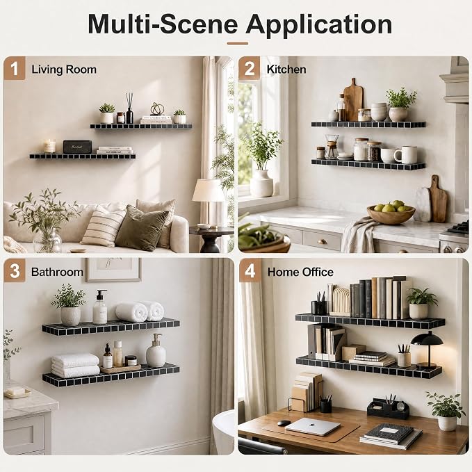 Large Floating Shelves, Set of 2, Modern, Black with White Lines | 35.4"W x 9.4"D x 1.5"H, set of 2, 40 lbs each, 3D tile texture, bathroom & living room, splash-resistant, ~30 min assembly.