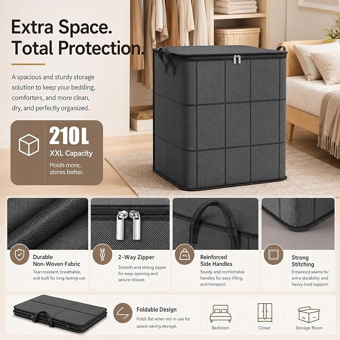 180L Spacious Moving Storage Bin - Large Capacity Zippered Fabric Organizer for Bedding & Clothes, Foldable Blanket Bag with Reinforced Handles for Quilts, Comforters & Moving Day，1：L