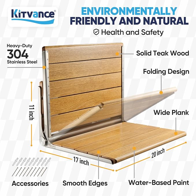 [Upgraded Version] 20" Folding Teak Shower Seat Wall Mounted- Shower Bench for Inside Shower, ADA Compliant Teak Shower Seat Wall Mounted Bench Bathroom Stool, Folding Bathtub Shower Seat for Elderly
