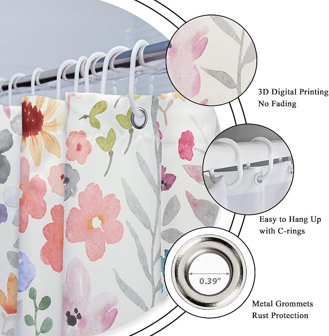 Pink Floral Flower Cute Summer Kids Girls Bathroom Shower Curtain Set | 72"W x 72"H Girly Wildflower Spring; water-repellent HD print, quick-dry fabric with 12 hooks for easy hanging.