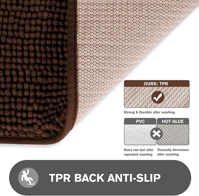 Small Bathroom Rug 12"x18" – Washable and Absorbent Bath Mat, Non Slip, Thick Soft Chenille Bath Rugs for Bathroom, Shower, Sink, Dog mat(Brown)