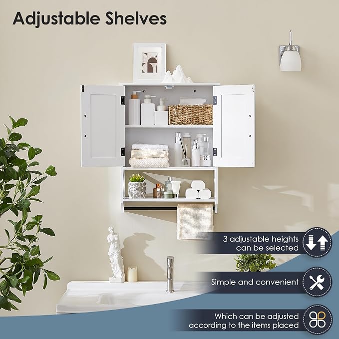 Bathroom Wall Cabinet, 25"x19" Farmhouse Wall Mounted Medicine Cabinet with 2 Raised Panel Doors, Adjustable Shelf & Towel Bar–Over Toilet Storage Organizer for Laundry Room, Entryway or Small Spaces