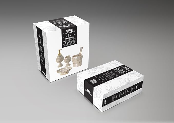 Shannon Beige with Gold 4 Piece Resin Bathroom Accessories Set | Includes Soap Dispenser, Toothbrush Holder, Tumbler Cup & Soap Dish