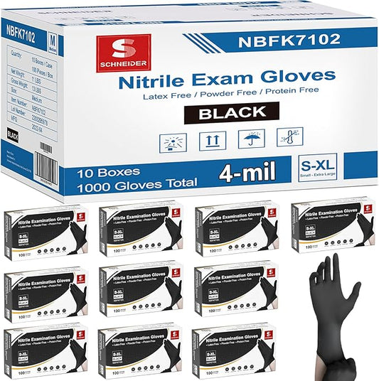 Schneider Nitrile Gloves, Gloves Disposable Latex Free, Powder Free | Black / Blue, 4-Mil, Medical Exam Glove, Food Safe Gloves, Cooking Gloves, Cleaning Gloves