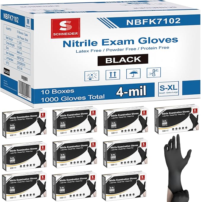 Schneider Nitrile Gloves, Gloves Disposable Latex Free, Powder Free | Black / Blue, 4-Mil, Medical Exam Glove, Food Safe Gloves, Cooking Gloves, Cleaning Gloves