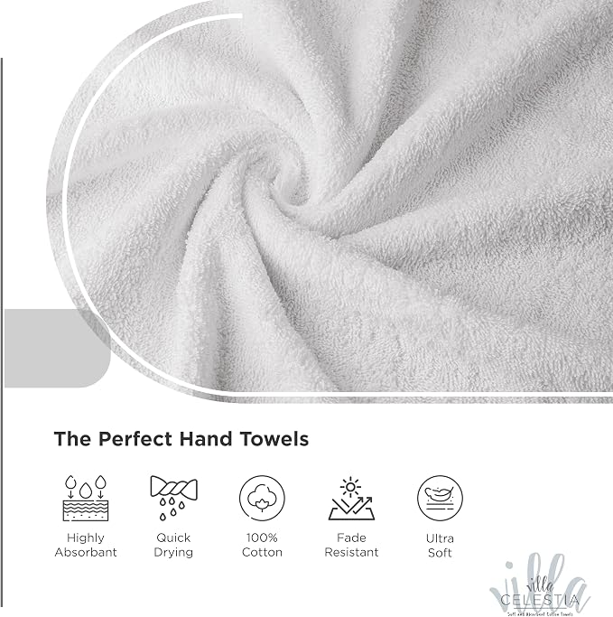 Villa Celestia 100% Cotton Hand Towel Set of 2, (16 x 28 inches) Sustainable, Soft, Highly Absorbent, Quick Drying, Combed Cotton Hand Towels Pack of 2 Ideal for Hotels, Spa, Bathroom, Dorm, White