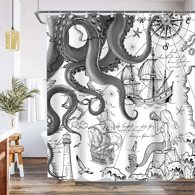 Fungarth Black Gray Nautical Octopus Shower Curtain Grey Mermaid Funny Ocean Kraken Shower Curtains for Bathroom Cool Anchor Coastal Map Waterproof Fabric Bath Curtain with Hooks (Gray, 72” x 72”)