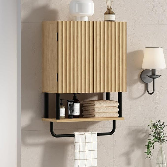 RUSTOWN Fluted Bathroom Wall Cabinet with 2 Doors, 3-Tier Medicine Cabinet | Modern Farmhouse Wall Mounted Cabinets, Over The Toilet Storage Cabinet, Adjustable Shelf and Towel Bar, Small