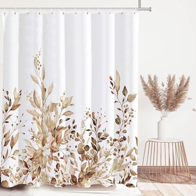 Tititex Tan Eucalyptus Shower Curtain, Watercolor Brown Leaves Plant with Floral Bathroom Decoration Shower Curtain Sets 71x71 Inch with Hooks