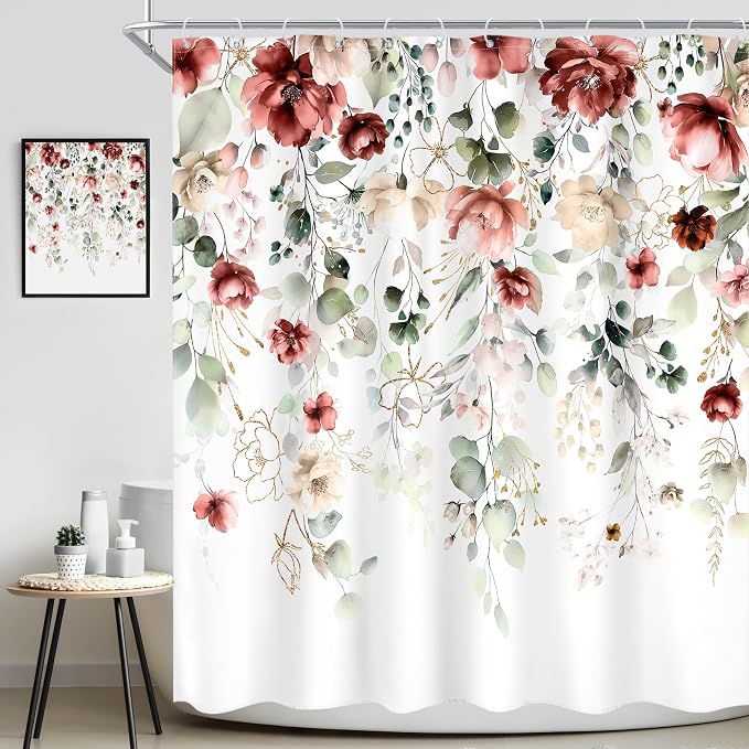 Red Floral Burgundy Rustic Watercolor Plant Bathroom Shower Curtain Set | 72"W x 72"L Flower Green style, clear shower print, fast-dry fabric and hooks for a simple bath update.