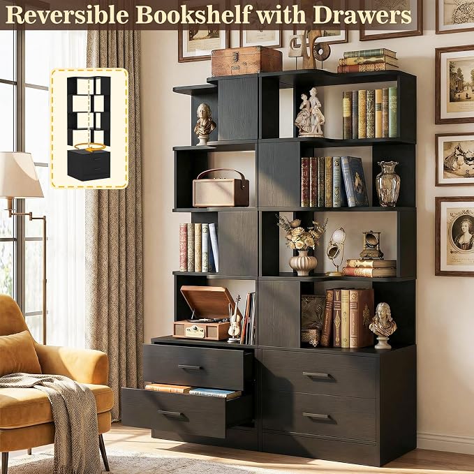 Corner Book Shelf with Drawers, Small Corner Shelf with Drawers | L Shaped BookShelf 6-tier Bookcase for Bedroom Storage, Living Room, Home Office, Kitchen Pantry, Black